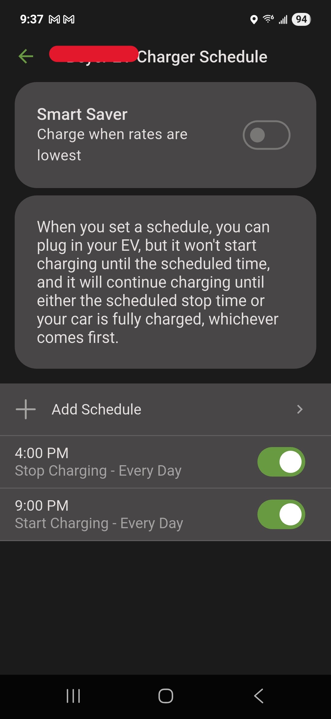 Example Emporia Charging Schedule - Access in the Emporia App under Menu > Manage Devices > Select Charger Device > Schedule